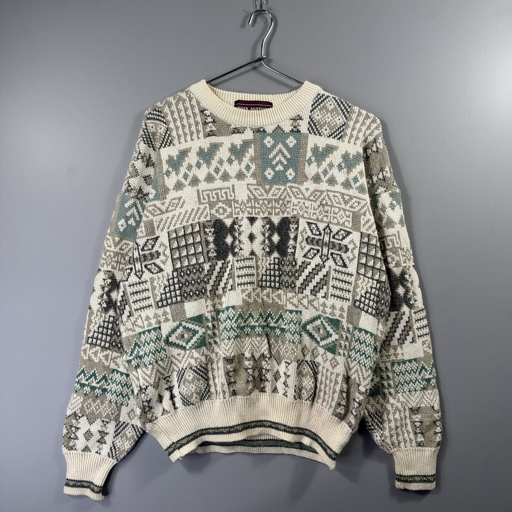 John Ashford Sweater Mens Medium Multicolor Geometric Knit Crewneck Pullover